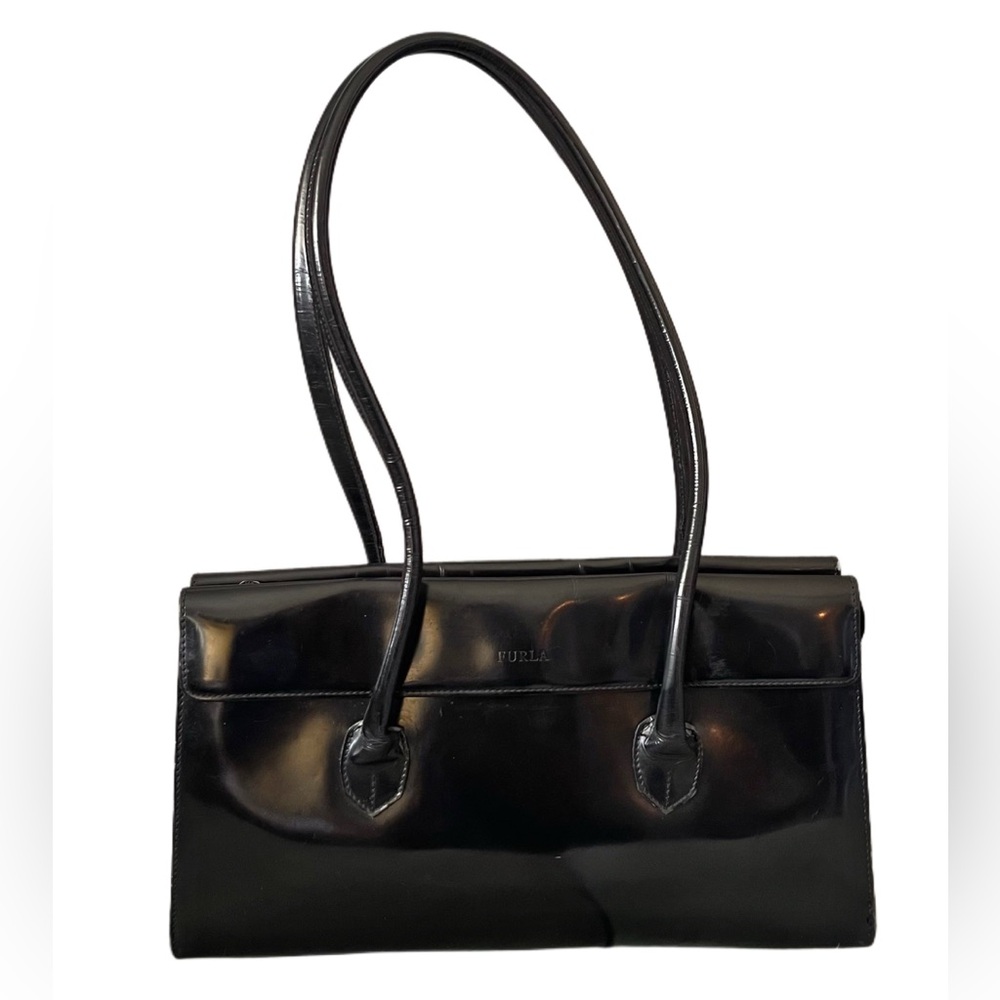 ❌SOLD ❌Vintage Furla Black Patent Leather Shoulder Bag 3 Compartments - Picture 3 of 17